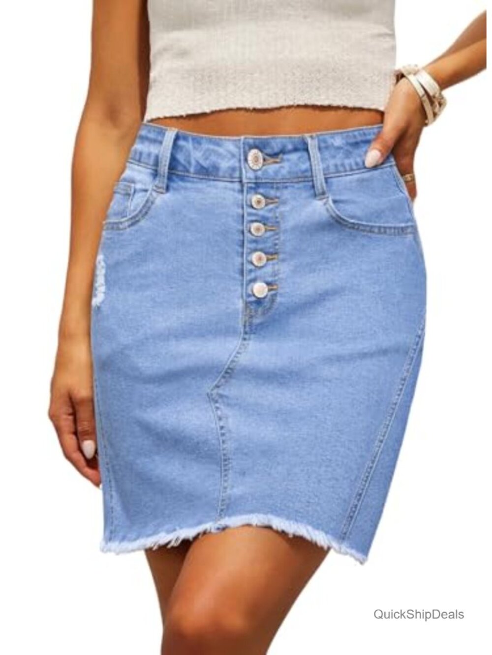 High Waisted Stretchy Denim Jean Skirt Button Fly Frayed Hem Casual Summer